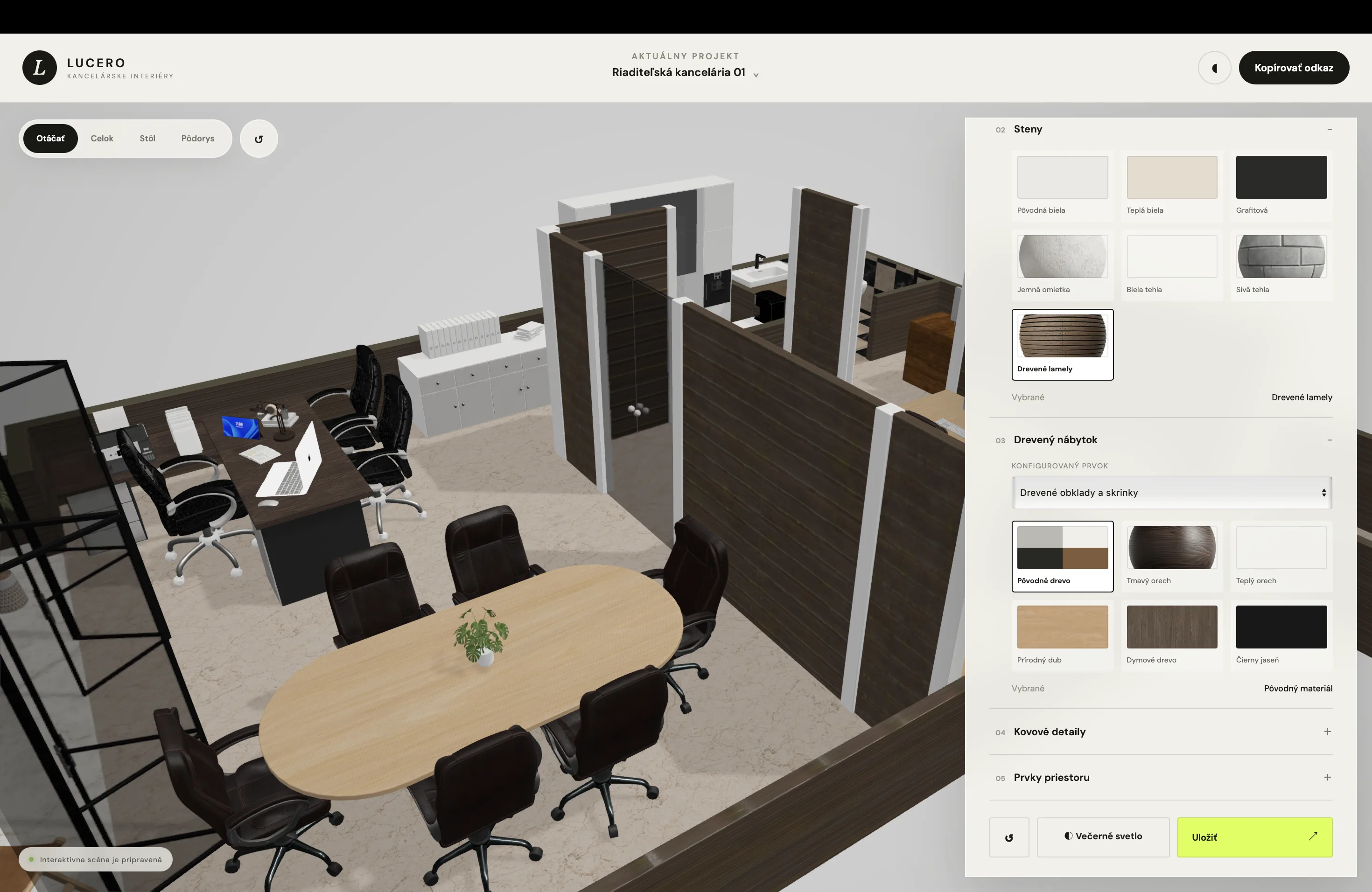 3D produktový konfigurátor interiéru s výberom materiálov