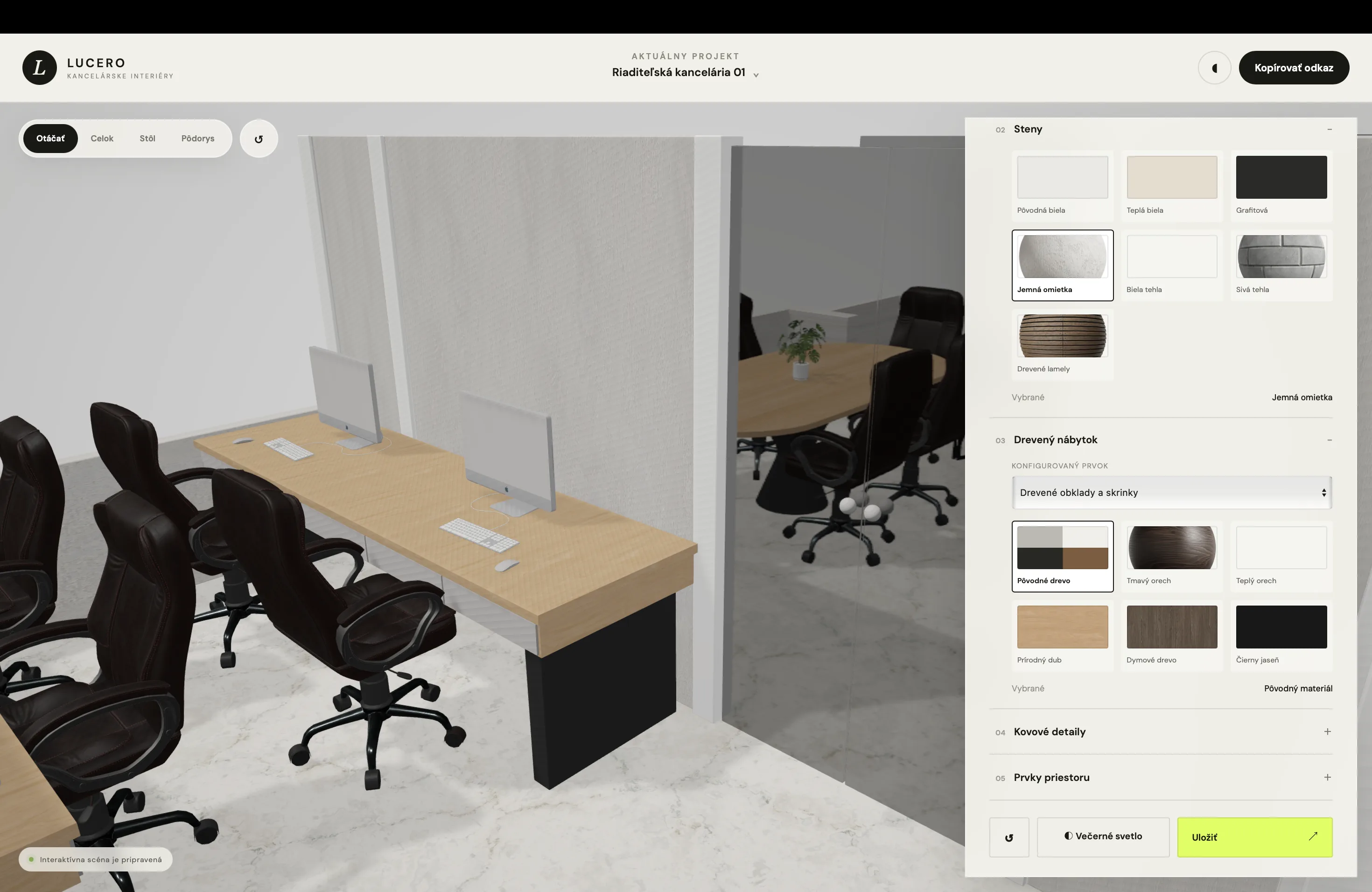 Zmena materiálov stien a nábytku v 3D konfigurátore kancelárie