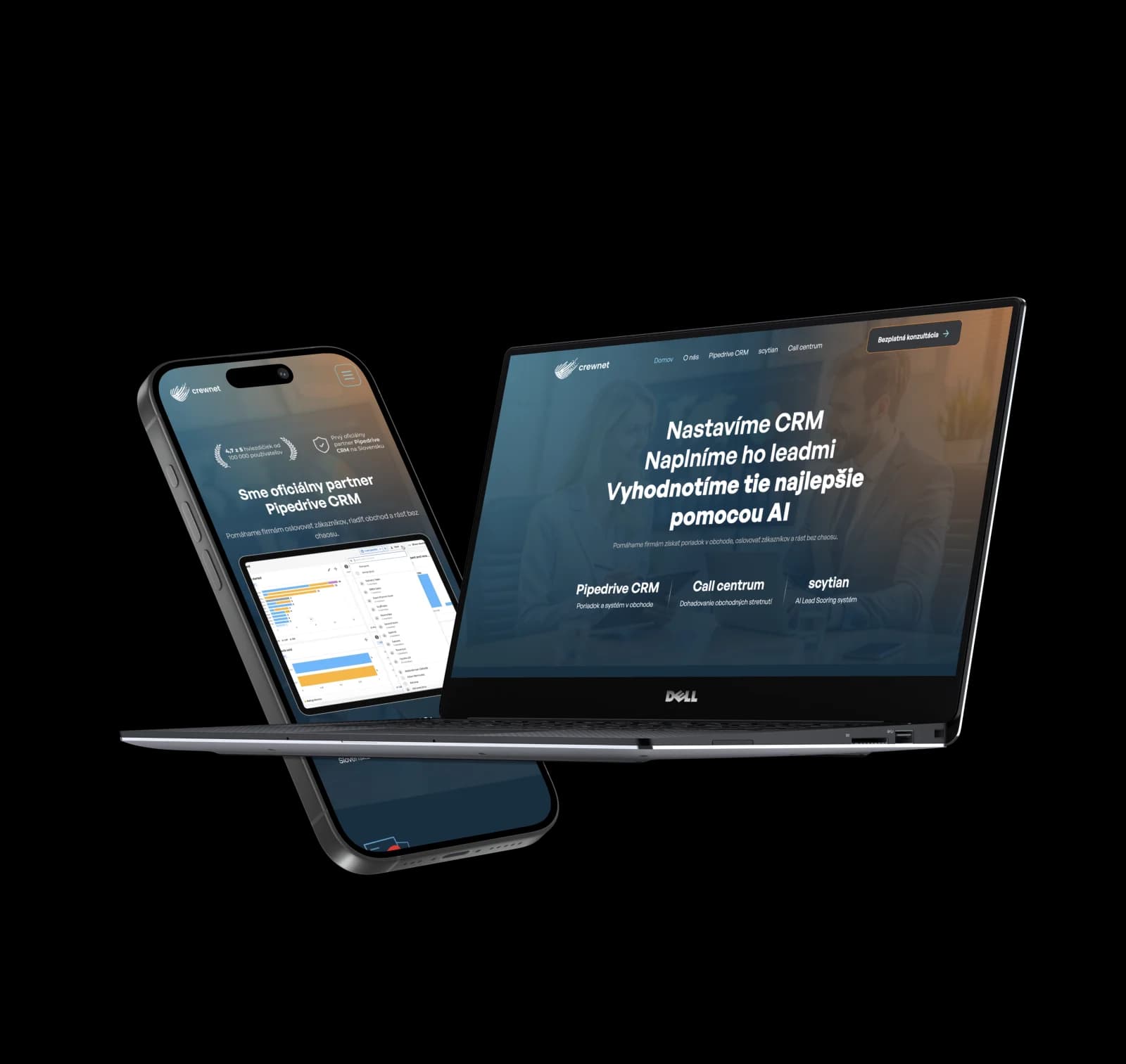 Web Crewnet pre CRM, call centrum a AI lead scoring na mobile a notebooku