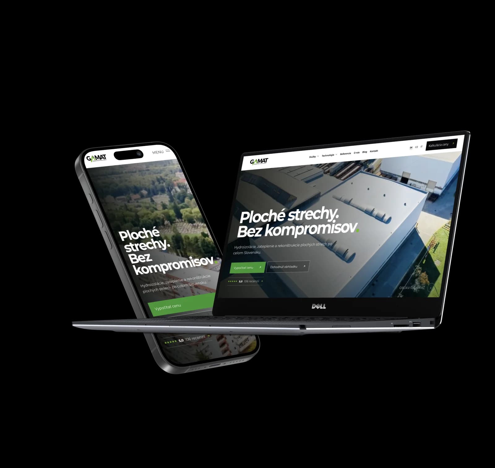 Web GAMAT pre ploché strechy zobrazený na mobile a notebooku